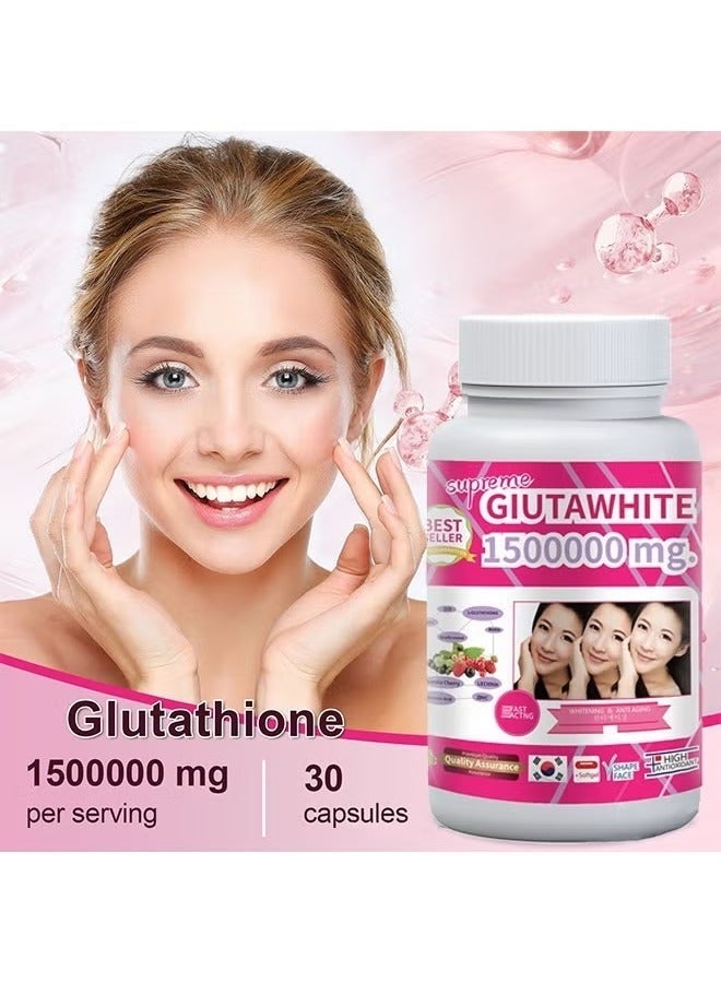 الجلوتا الأبيض كبسولات جلوكاثيون Supreme GlutaWhite للتفتيح البشرة، كابسولات سريعة المفعول لتفتيح البشرة وتعزيز مضادات الأكسدة، تزيل البقع الداكنة وآثار حب الشباب - جلوكاثيون 1500000 ملغ - 60 كبسولة - Image 2